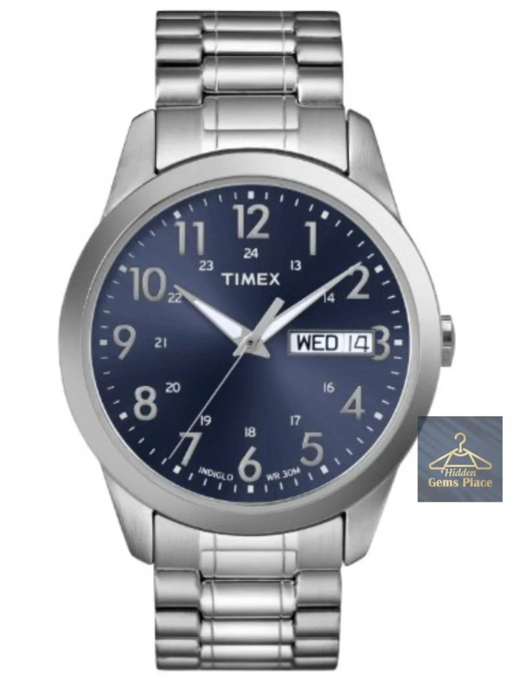 Men's 36mm Stainless Steel Watch Indiglo Quartz Day Date Expansion Band